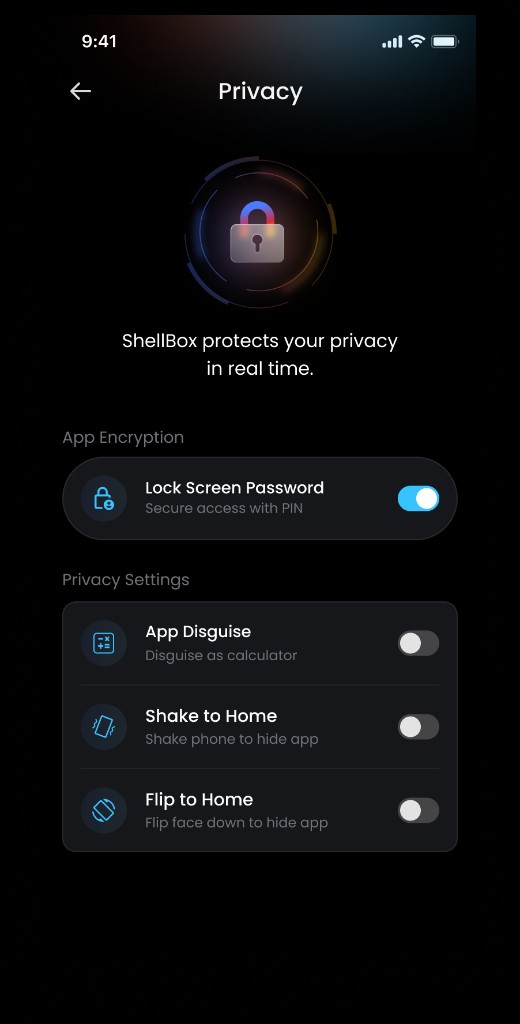 ShellBox privacy settings with lock screen password, app disguise and hide gestures